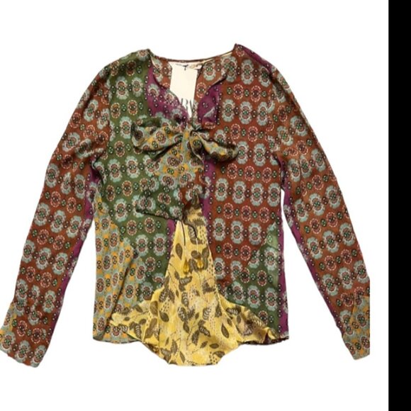 Zara NWT RARE Multicolor Printed Blouse With Bow Tie and Beaded Tassels Sz Small - Picture 5 of 16